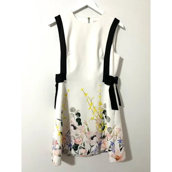 Ted Baker White Floral London Marzy Elegance Bow A-Line Dress Size 2 - Picture 2 of 7